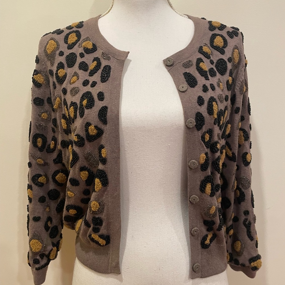 Boden Limited Edition Beaded Cropped Animal Print Cardigan Sweater 8 M